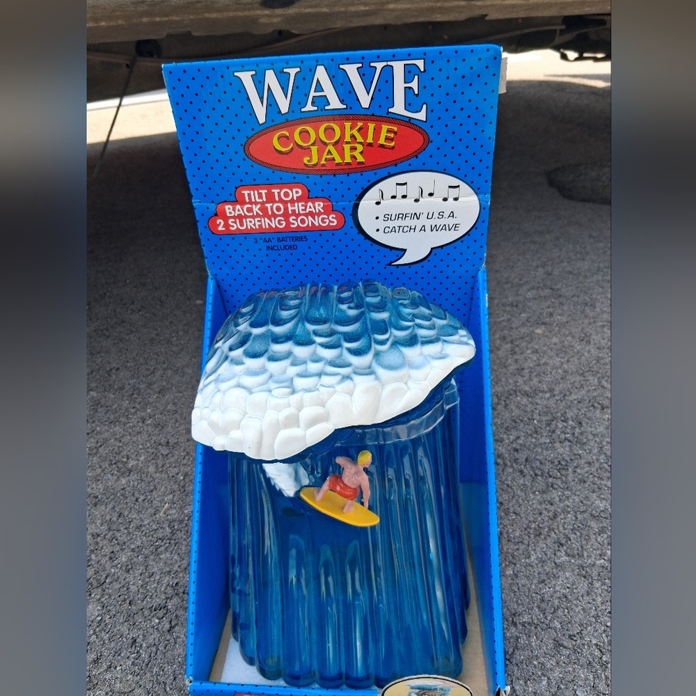 Wave Cookie Jar with Surfing Figurine - Blue & White